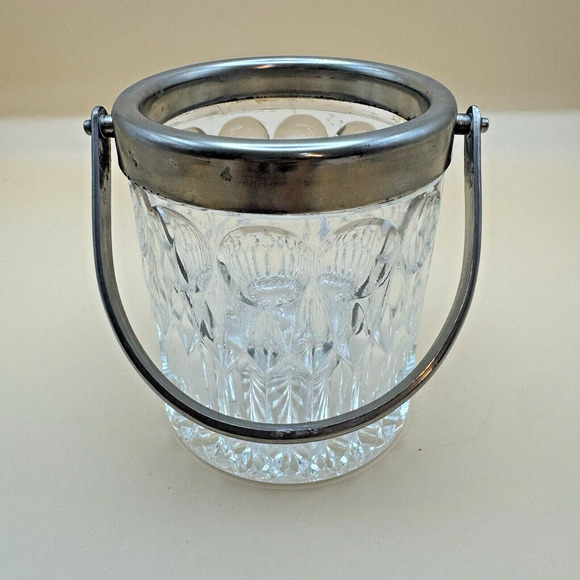 Mid Century Cut Glass Mini Ice Bucket Sugar Dish Chrome Rim and Handle 3” - Picture 1 of 5